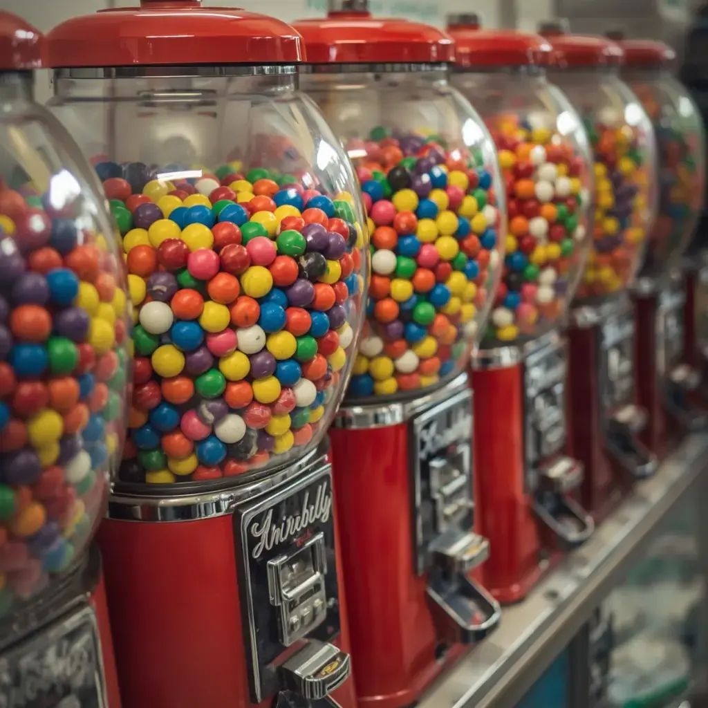 Colorful gumball and candy vending machines