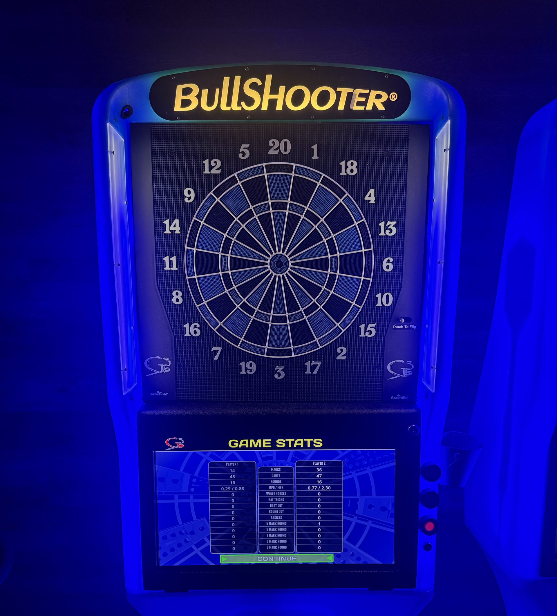 Close-up of Bullshooter ice electronic dart board